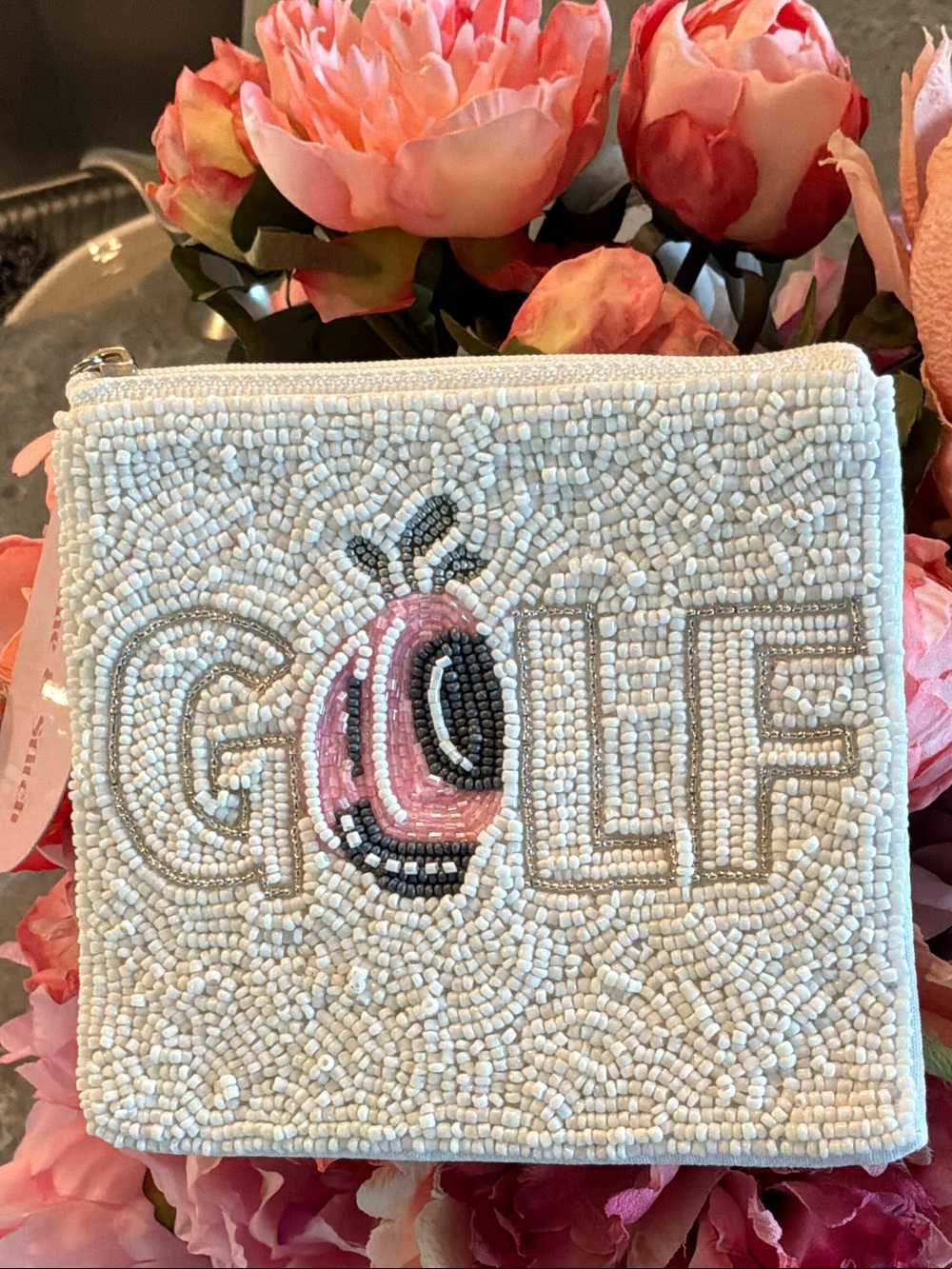 Beaded 'GOLDF' White Pouch with Pink Accent